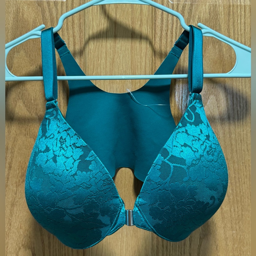 New Soma Vanishing Back Front closure bra Teal green Size 34DDD Molded cups